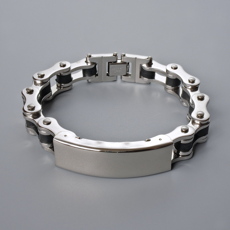 Bransoletka łańcuszkowa z metalem srebrnym i czarną gumą, grubość 13,5 mm, długość 21 cm +