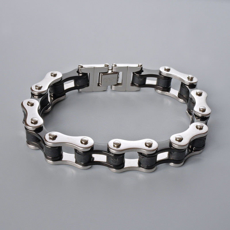 Srebrzysta bransoleta łańcuszkowa z metalu i czarnej gumy, grubość 13,5 mm, długość 21 cm +