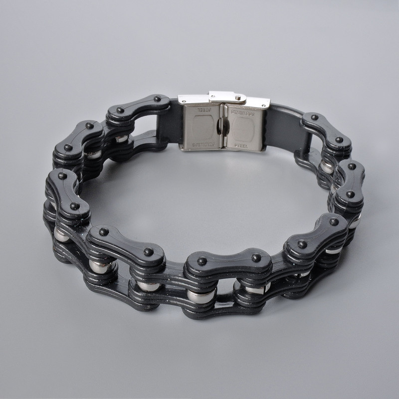Bransoleta-łańcuszek w kolorze srebra z czarną gumą, grubość 16 mm, długość 23 cm +