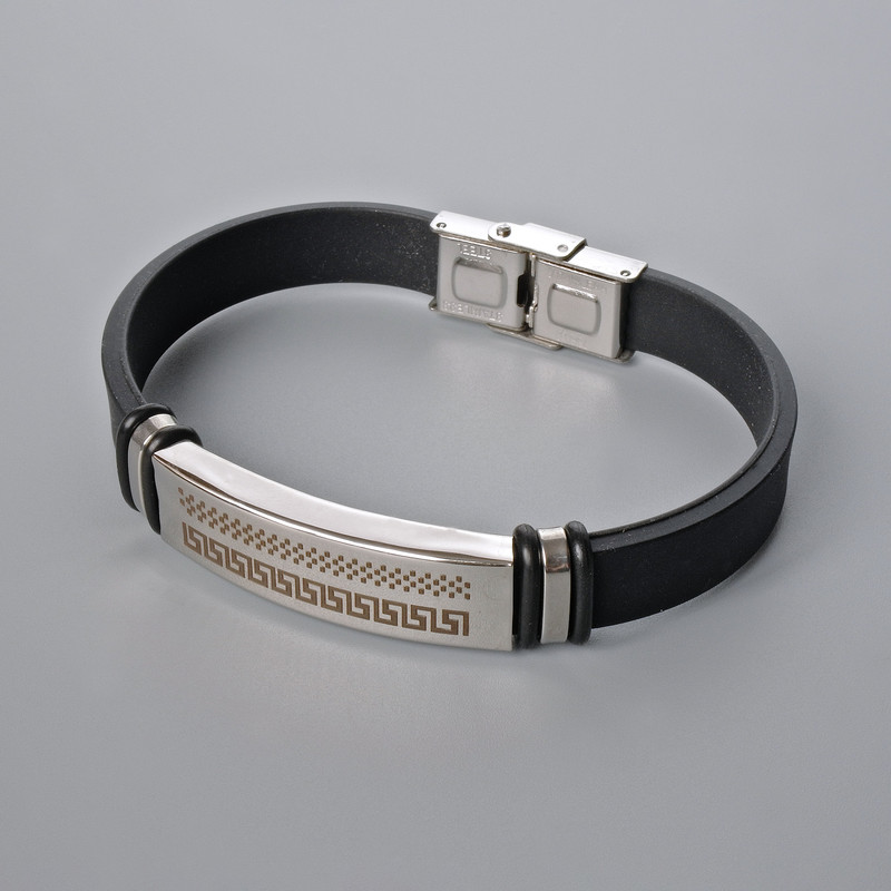 Bransoleta męska z metalowymi wstawkami, długość 21 cm, grubość 10 mm +/-, grubość wstawek 11,5 mm +/-, kauczukowa podstawa