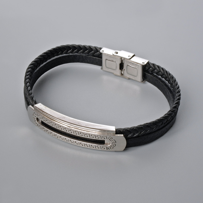 Bransoletka męska z metalowymi wstawkami, długość 21 cm, grubość 10 mm +/-, grubość wstawek 11,5 mm +/-, czarna ekoskóra