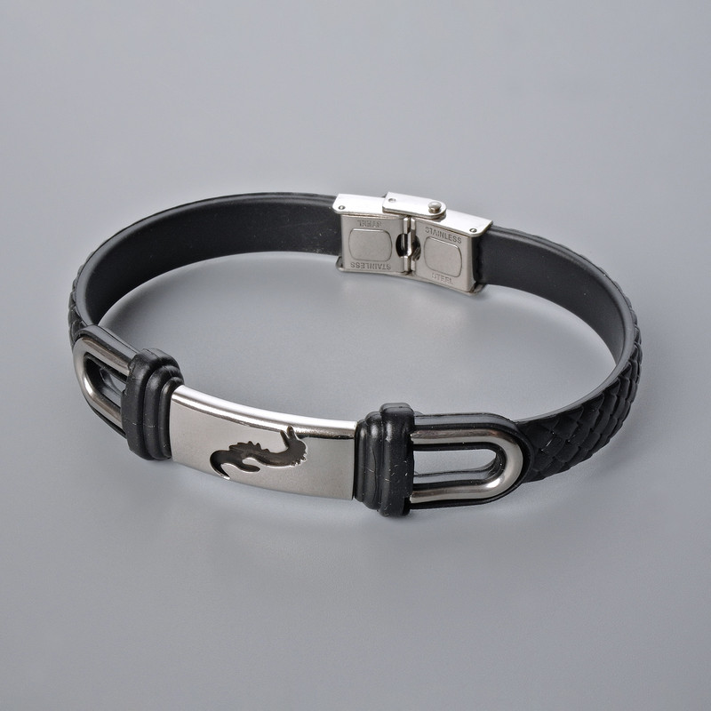 Bransoletka męska z ekoskóry z metalowymi wstawkami, długość 21 cm, grubość 10,5 mm, grubość wstawki 11 mm, czarna