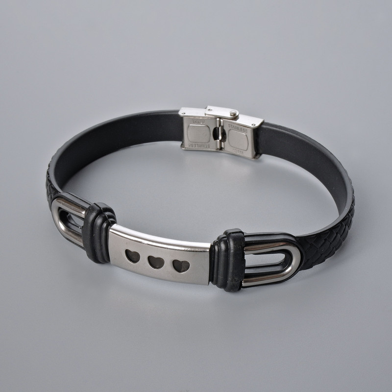 Bransoleta męska z metalowymi wstawkami, długość 21 cm, grubość 10 mm±, grubość wstawek 11 mm±, ekoskóra czarna