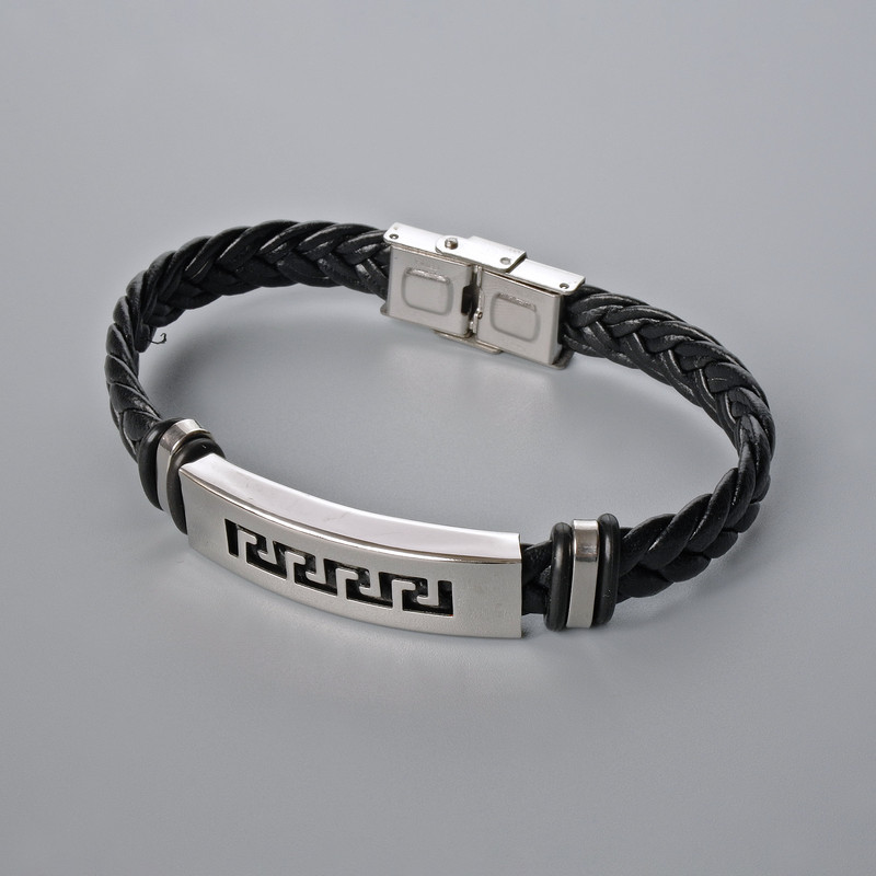 Bransoleta męska z ekoskóry z metalowymi wstawkami, długość 21 cm, grubość 9,5 mm ±, grubość wstawki 11 mm, czarna ekoskóra