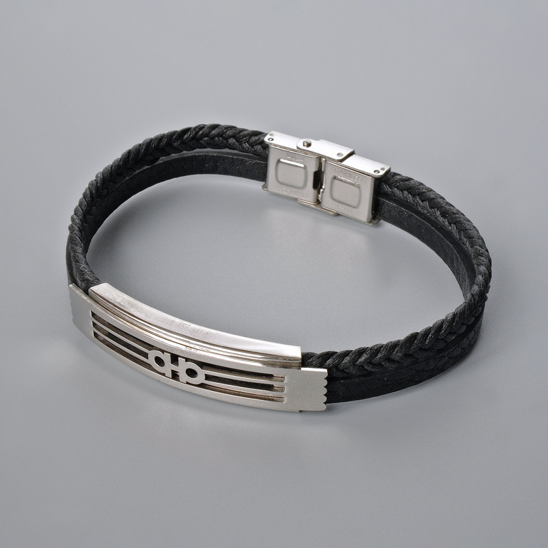 Bransoletka męska z metalowymi wstawkami, długość 21 cm, grubość 10 mm (+/-), grubość wstawek 12 mm (+/-), czarna ekoskóra