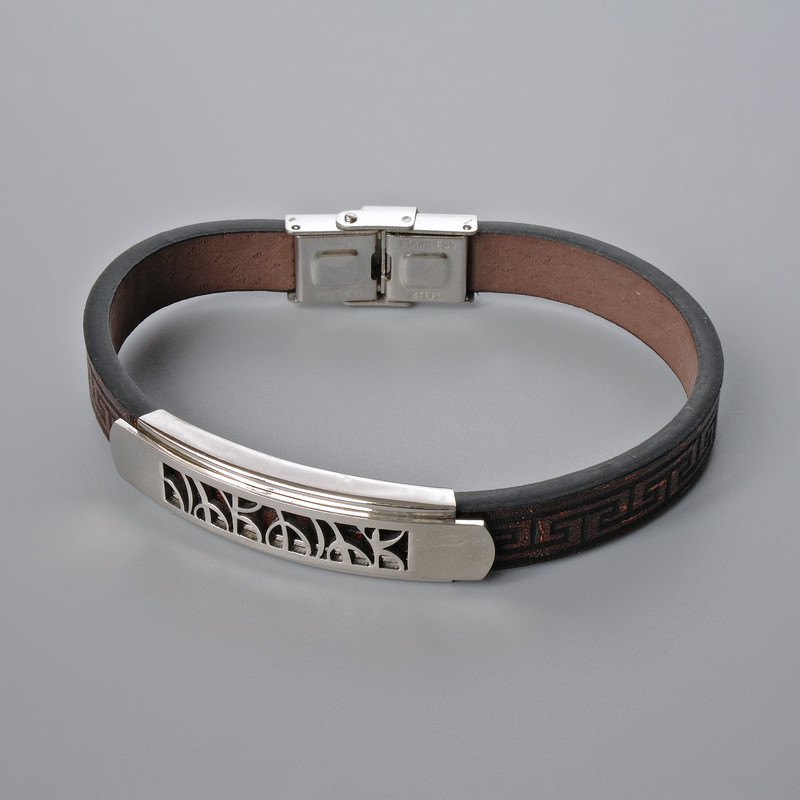 Bransoleta męska z metalowymi wstawkami, długość 21 cm, grubość 10 mm (+/-), grubość wstawki 12 mm (+/-), brązowa ekoskóra