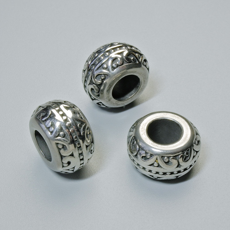 Okucia do biżuterii — koralik-wstawka, średnica 12×7,5 mm ±, otwór 5,5 mm, kolor metalu srebrzysty, 1 szt.