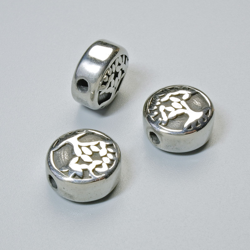Okucie koralik-wkładka «Drzewo», średnica 10×5,5 mm, otwór 1,7 mm, srebrzysty kolor metalu, 1 szt.