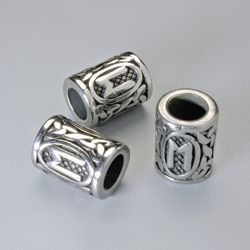 Koralik ozdobny z runą skandynawską, średnica 13×10 mm, otwór 6 mm, srebrny kolor metalu, 1 szt.