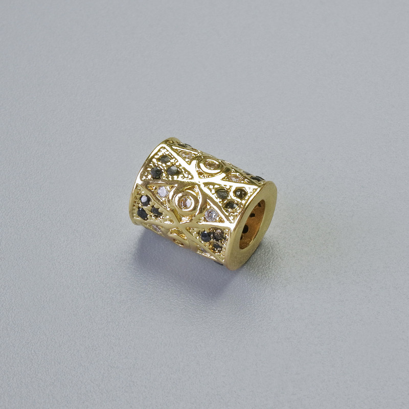 Furnitura jubilerska – koralik-wstawka z białymi i czarnymi cyrkoniami, wymiary 9×7,5 mm, otwór 4 mm, złoty kolor metalu, 1 szt.