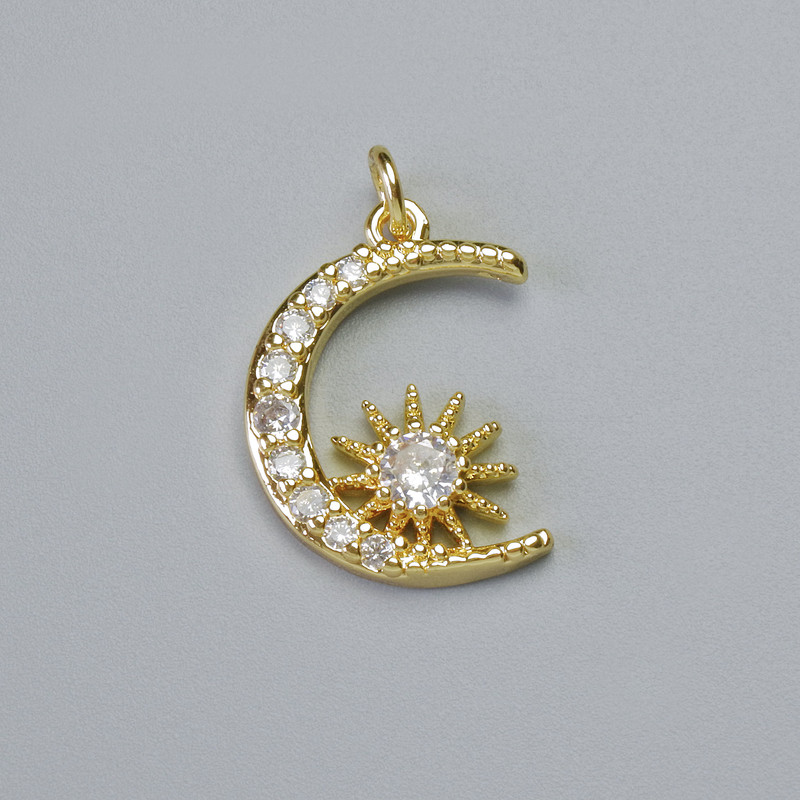 Wisiorek „Księżyc” z białymi kryształami, metal złocisty, średnica 20 mm, 5×15 mm+