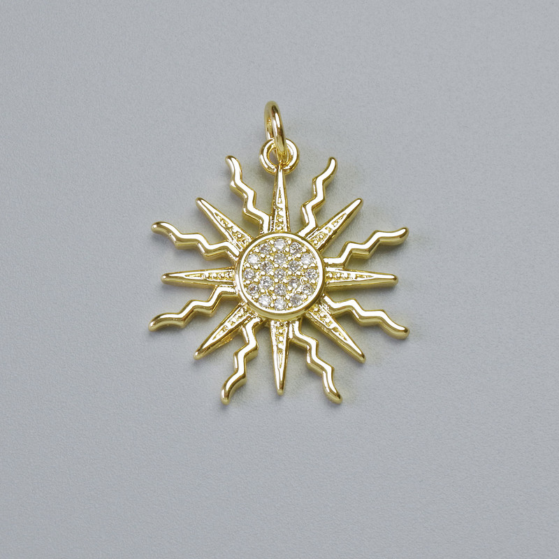 Wisiorek „Słońce” z białymi kryształami, złocistym metalem, średnica 21×20 mm+