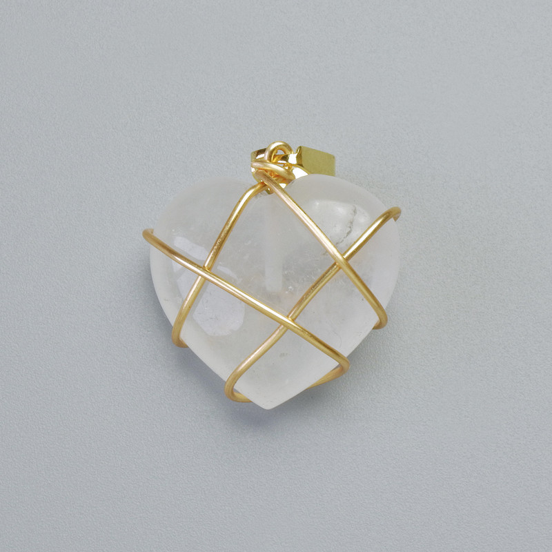 Wisiorek „Serce” z kryształu górskiego w złoconym opleceniu, średnica 20×20 mm, długość 30 mm