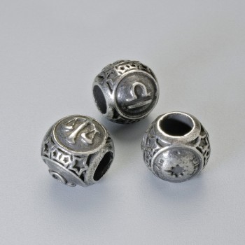 Furnitura jubilerska - koralik-wstawka z znakiem zodiaku "Waga", średnica 9×10 mm ±, otwór o średnicy 4,3 mm, kolor metalu ciemno-srebrny, 1 szt.