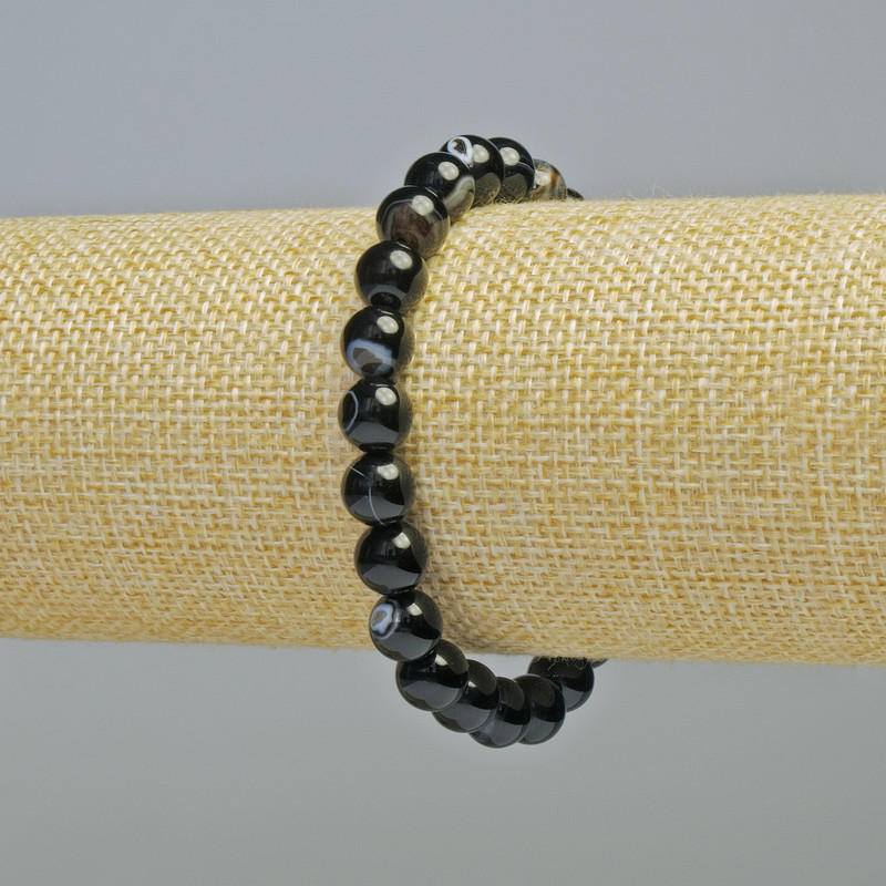 Bransoletka z czarnego agatu, naturalny kamień, gładkie kuleczki, średnica 8 mm ± (na elastycznej gumce), długość 18 cm+