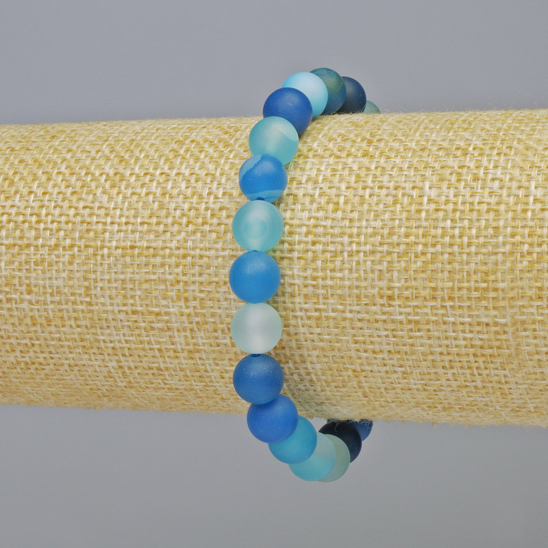 Bransoletka z niebieskiego matowego agatu, naturalny kamień, gładka kulka, średnica 8 mm ± (elastyczna), długość 18 cm+