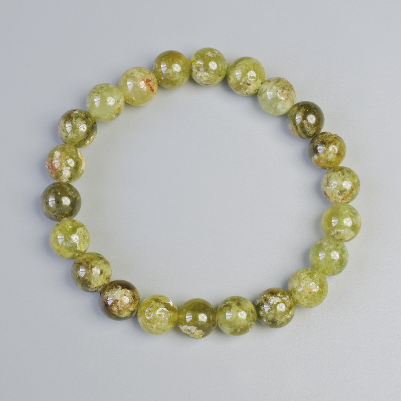 Bransoletka z grosularu (zielony granat) — naturalny kamień, gładkie kulki, średnica 8,5 mm ± (na elastycznej gumce), długość 18 cm+