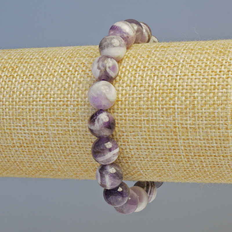 Bransoletka z naturalnego ametystu — gładkie kule o średnicy około 10 mm, elastyczna, długość 18 cm+