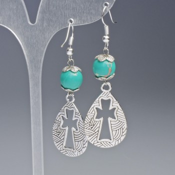 Kolczyki z zielonego varyscytu (prasowany) gładka kuleczka, średnica 10 mm, 19,5×31 mm ±, długość 63 mm ± z metalowymi wstawkami