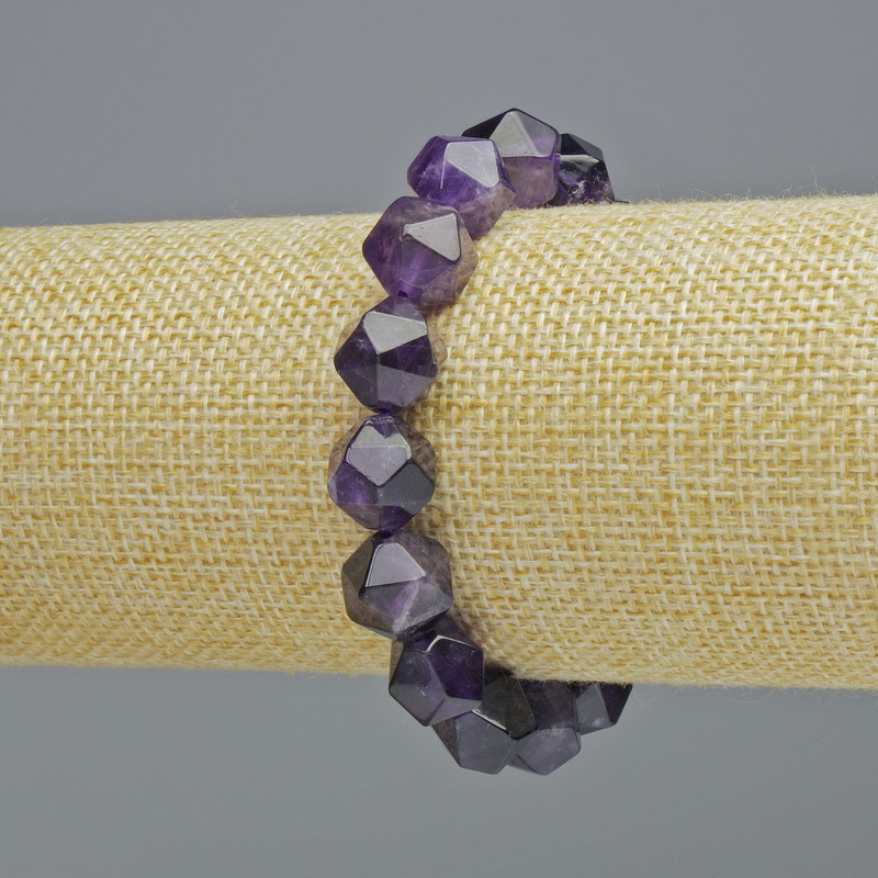 Bransoletka z naturalnego ametystu, wielokątny kamień, średnica 10,5×12 mm, na elastycznej gumce, długość 18 cm+