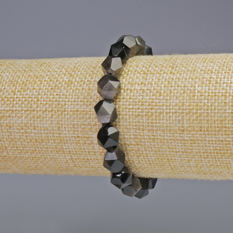Bransoletka ze srebrzystym obsydianem, naturalny kamień, wielokątne koraliki, średnica 8,5×10 mm ± (rozciągana), długość 18 cm+