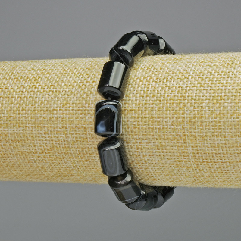 Bransoletka z czarnego agatu, naturalny kamień, cylindryczne koraliki, średnica 10×14 mm ± (rozciągliwa), długość 18 cm+