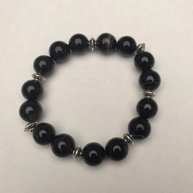 Bransoletka z czarnego agatu, gładkie kulki, średnica 12 mm ±, długość 18 cm ±, z metalowymi wstawkami