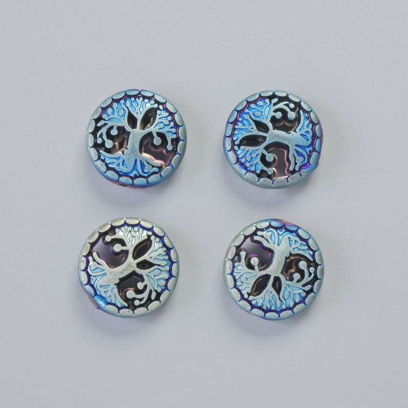 Koralik hematitu „Drzewo” kolor matowy chameleonowy, średnica 12,5 × 4,5 mm +/- (4 szt.)