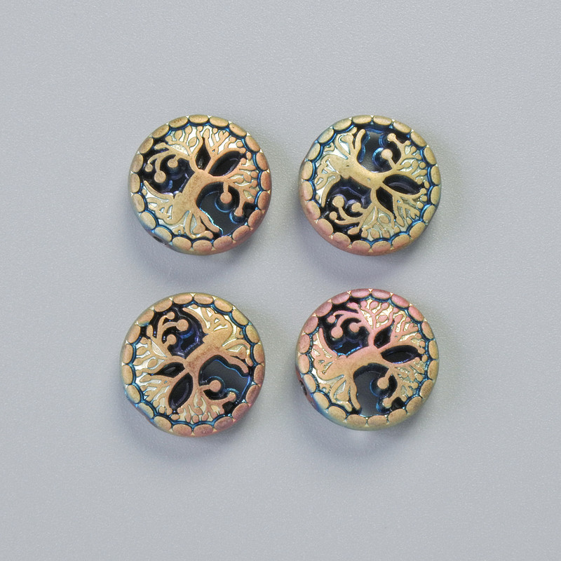 Koralik hematytowy „Drzewo” w kolorze matowego koloru chameleonowego, średnica 12,5×4,5 mm +/- (4 szt.)