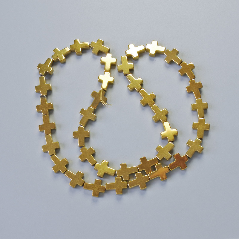 Koraliki hematytu w kształcie krzyża, kolor złocisty, średnica 8,5×10,5×3 mm, długość 40 cm, na nitce