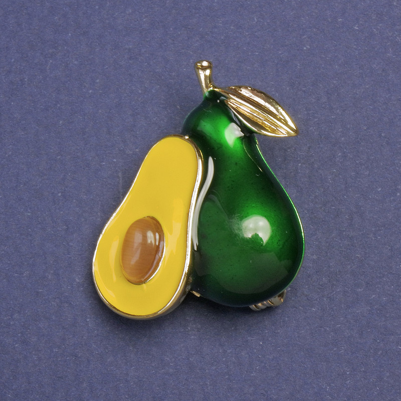 Broszka-wisiorek Awokado, zielona i żółta emalia, kolor złota, 30×23 mm+