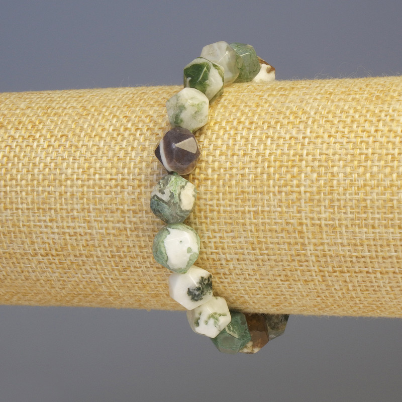 Bransoletka z agatu muszowego, naturalny kamień, fasetowane koraliki o wymiarach 8×8 mm, długość 18 cm, elastyczna