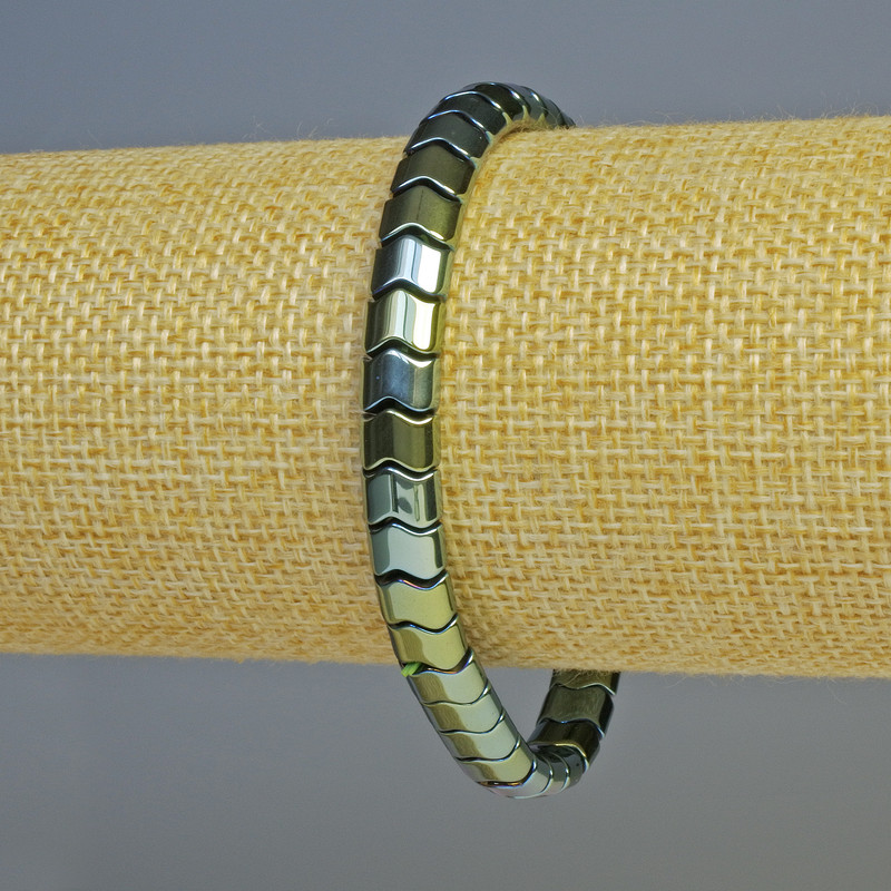 Bransoletka hematyt żmijka falista kolor kameleon zielony, średnica 7×5×5 mm+-, długość 18 cm+- elastyczna