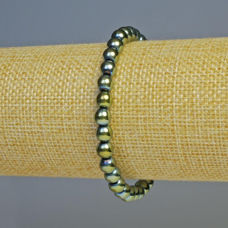Bransoletka z hematytu, kuleczki w kolorze kameleona, zielony, średnica 6 mm, długość 18 cm, na elastycznej gumce