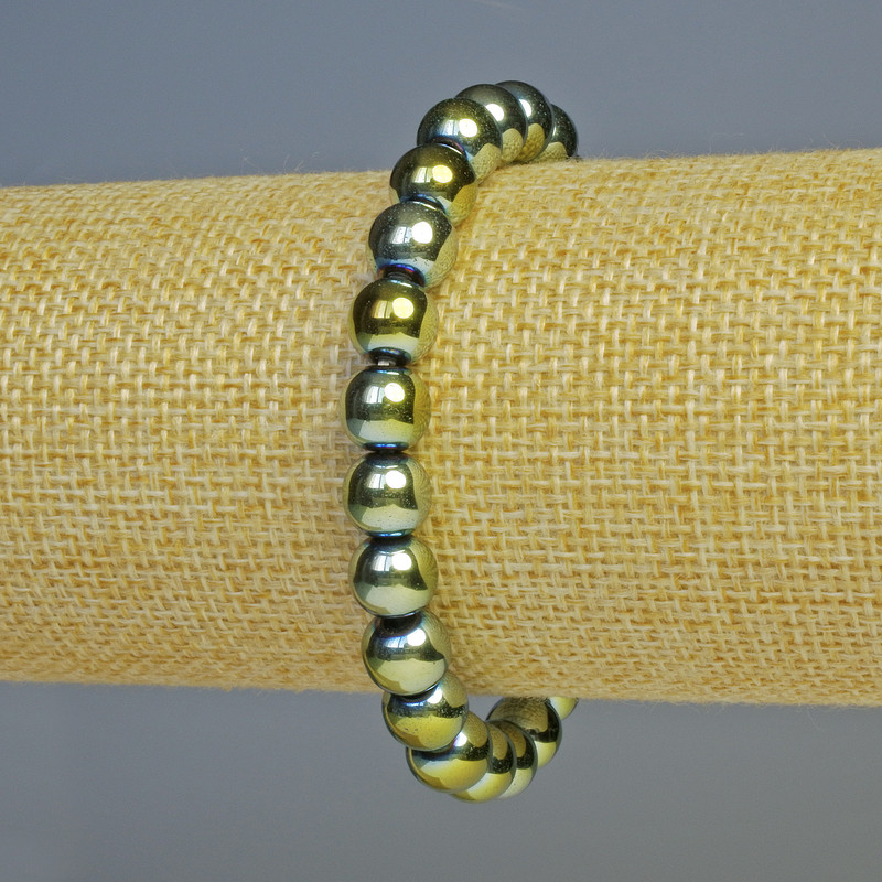 Bransoletka z hematitu – kuleczki w kolorze kameleona: zielony, średnica 8 mm, długość 18 cm, elastyczna