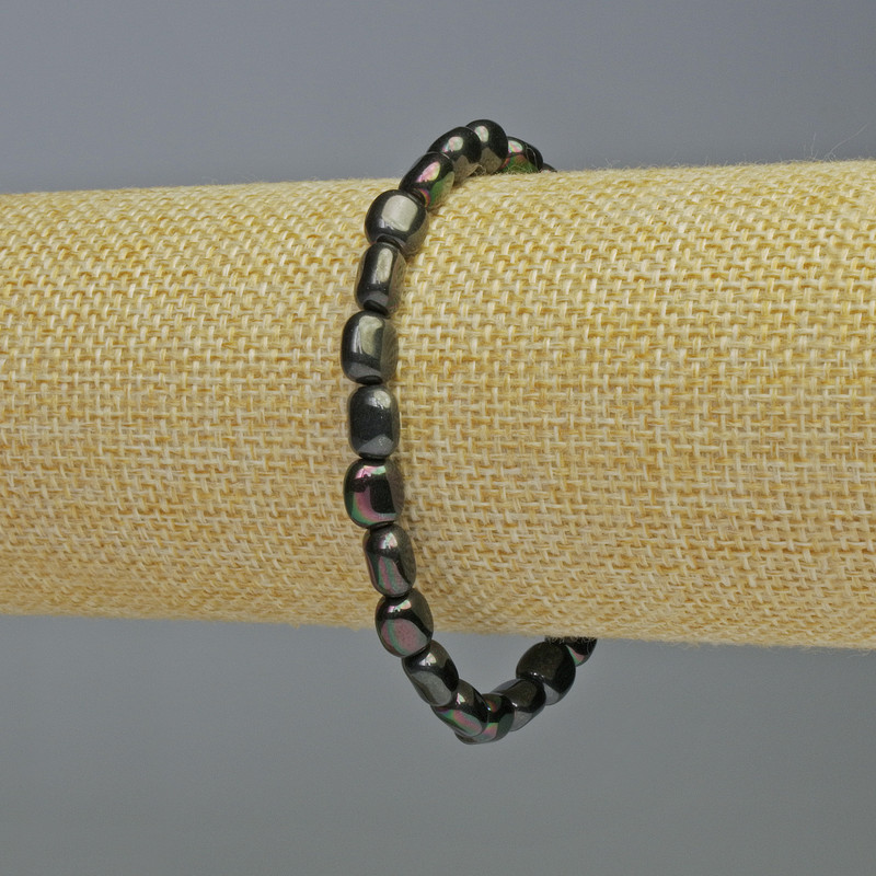 Bransoletka z hematitu — owalne koraliki, kolor czarny kameleon, średnica 7×7 mm, długość 18 cm, elastyczna