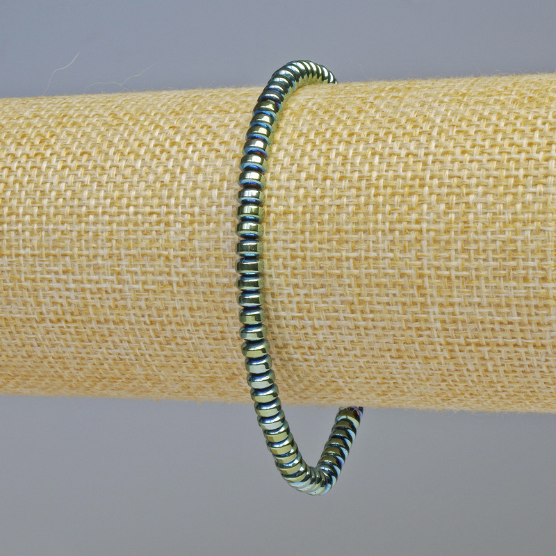 Bransoletka z hematitu w kolorze zielony-kameleon, koraliki w kształcie rondeli o średnicy 4×2 mm, długość 18 cm, elastyczna