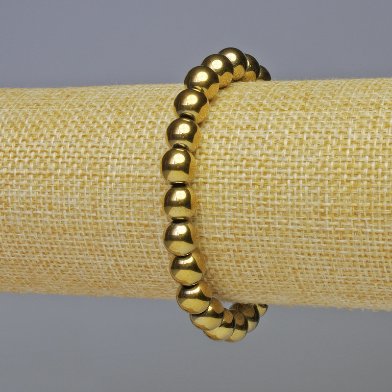 Bransoletka z hematytu – gładkie kulki, kolor złoty, średnica 8 mm, długość 18 cm, elastyczna