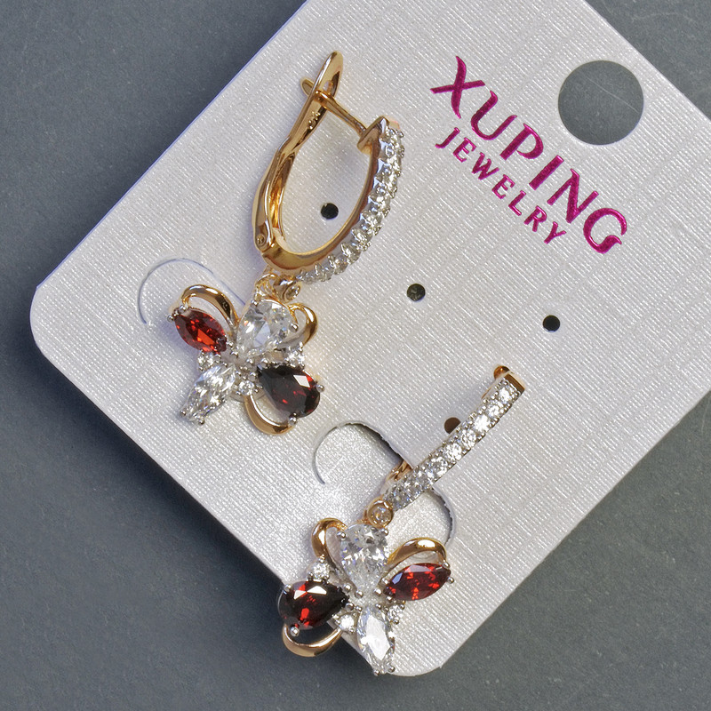 Kolczyki Xuping z pozłoceniem 18K, rodowane z kamieniem w kolorze czerwonym i białymi cyrkoniami, 30×12 mm