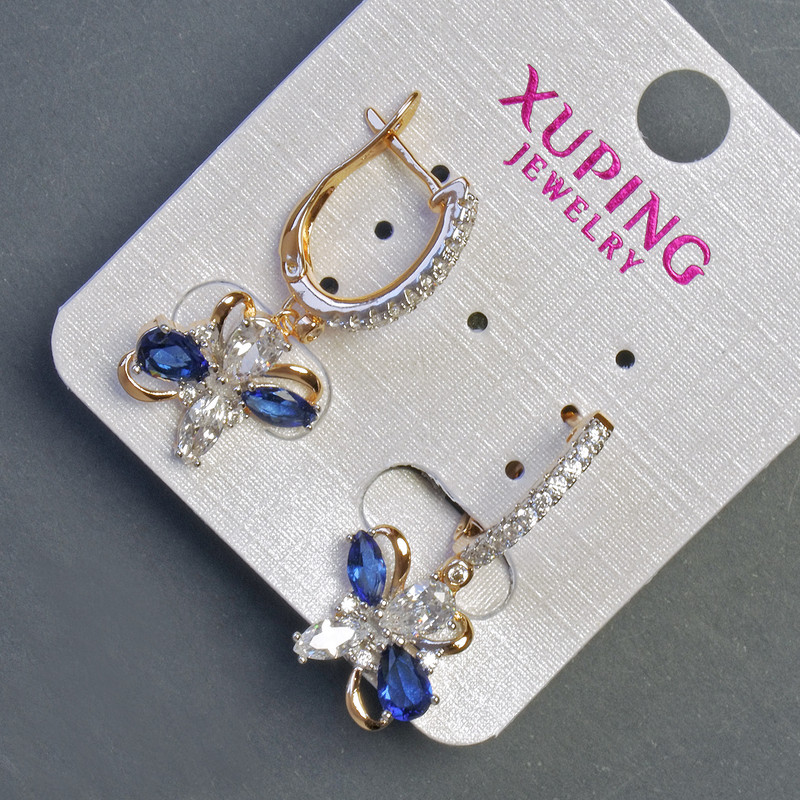 Kolczyki Xuping z niebieskimi kamieniami 30×12 mm pozłacane 18K