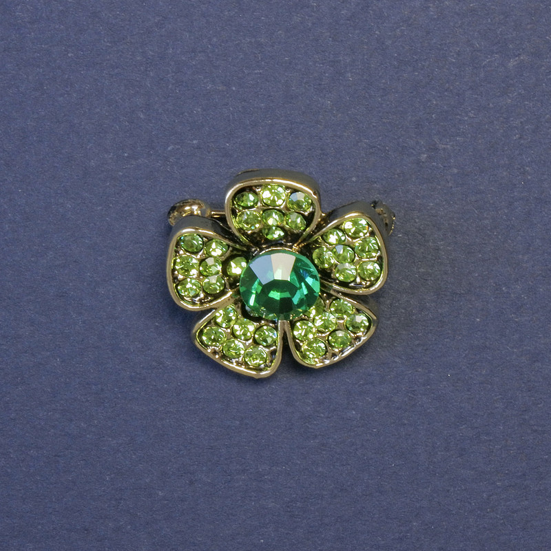 Broszka Kwiat z zielonymi kryształami, 20 mm ± srebrzysty metal