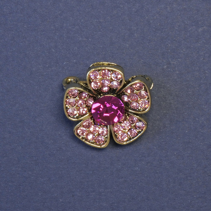 Broszka Kwiat z różowymi kryształami 20 mm ± metal srebrzysty