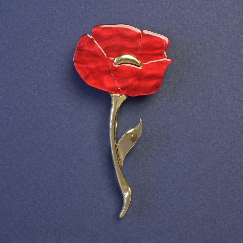 Broszka – kwiat maku czerwony perłowy, 63×32 mm, złoty metal