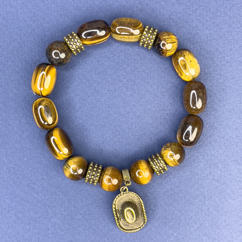 Bransoletka z tygrysiego oka – koraliki barilowe 10×14 mm +/- i kule gładkie 10 mm +/-, długość ok. 18 cm +/- na elastycznej gumce