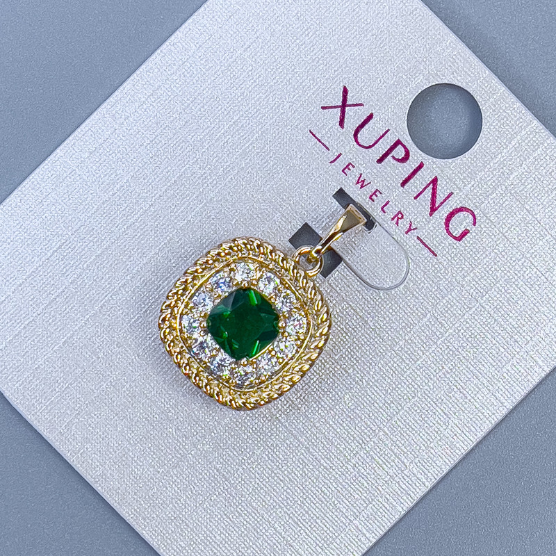 Wisiorek Xuping z białymi cyrkoniami i zielonym kryształem, średnica 14 mm, długość 22 mm, pozłacanie 18K