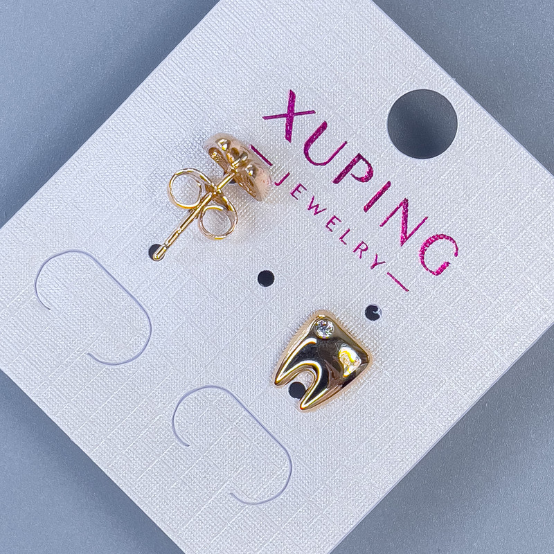 Kolczyki sztyfty Xuping „Ząb” z białym kryształem, średnica 9×8 mm, pozłacane 18K