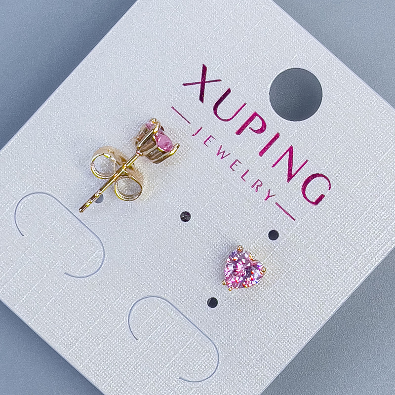 Kolczyki sztyfty Xuping – Serce z różowym kamieniem, 5 mm ±, pozłacane 18K