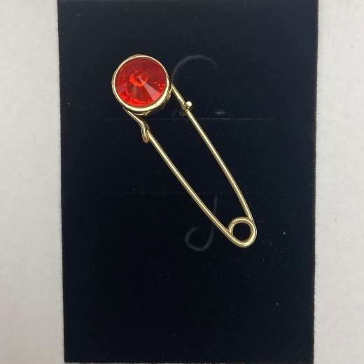 Broszka-igła z czerwonym kryształem, złocisty metal 36×12 mm+