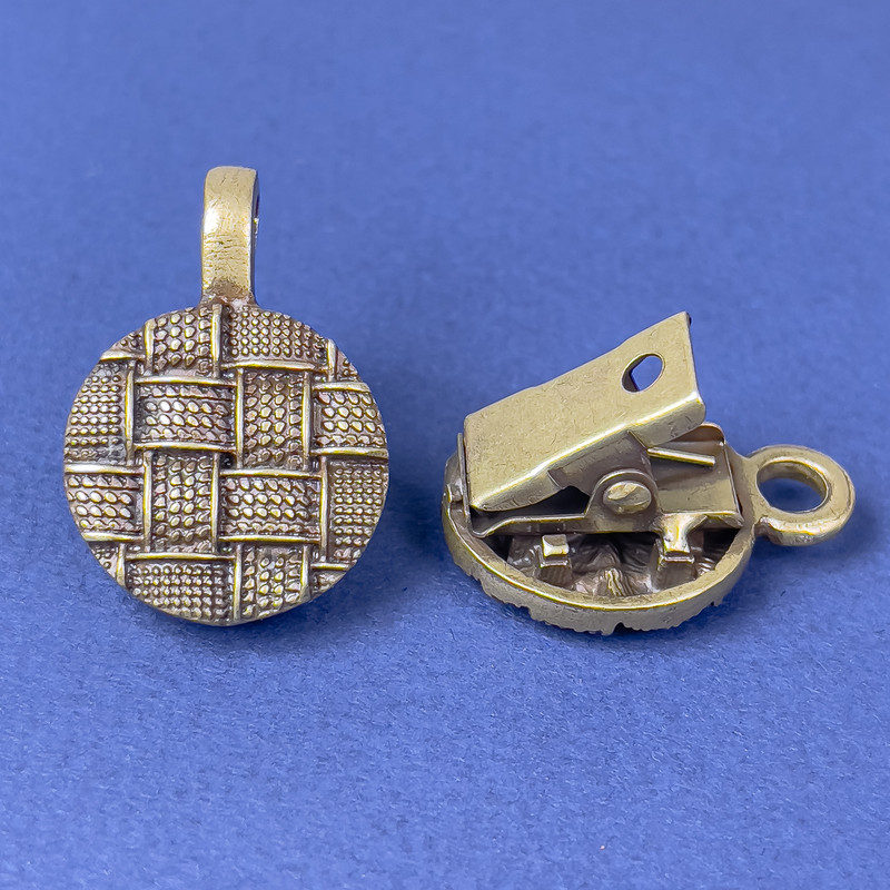 Broszka-zacisk do kardiganu, kolor metalu: brązowy, średnica ok. 20 mm, długość ok. 52 mm