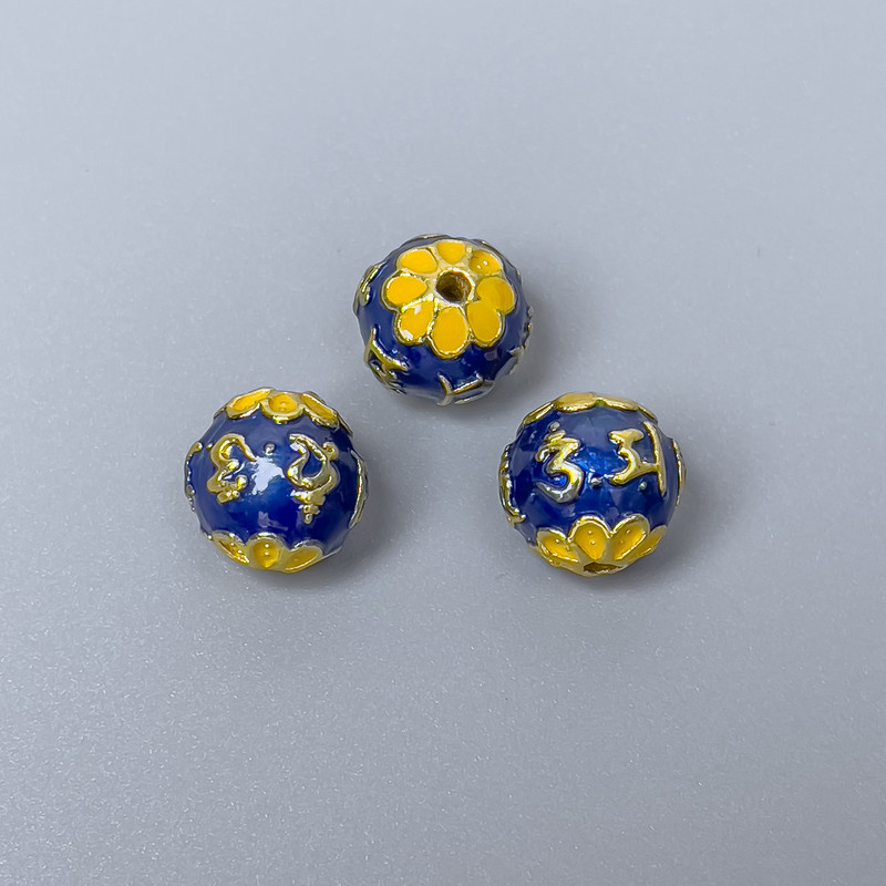 Koralik cloisonné niebiesko-żółta emalia, średnica 10 mm, otwór 1,5 mm, kolor metalu: złoty, 1 szt.